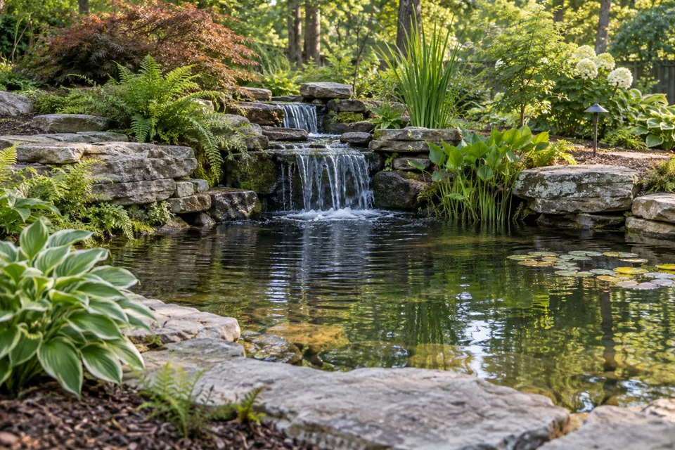 Stone-edged backyard pond with a cascading waterfall and garden planting